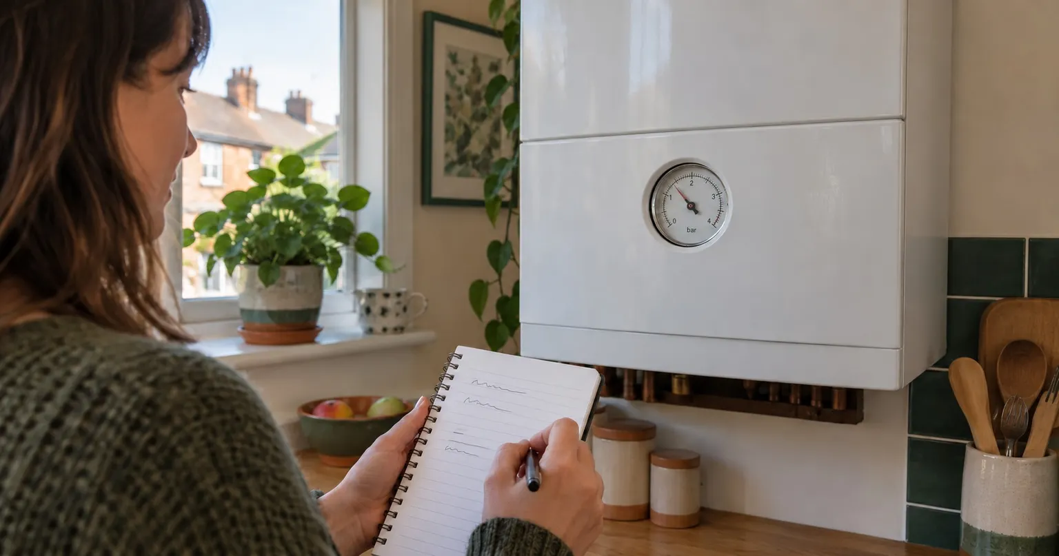 Resident noting observations beside the visible pressure gauge on a closed domestic boiler.