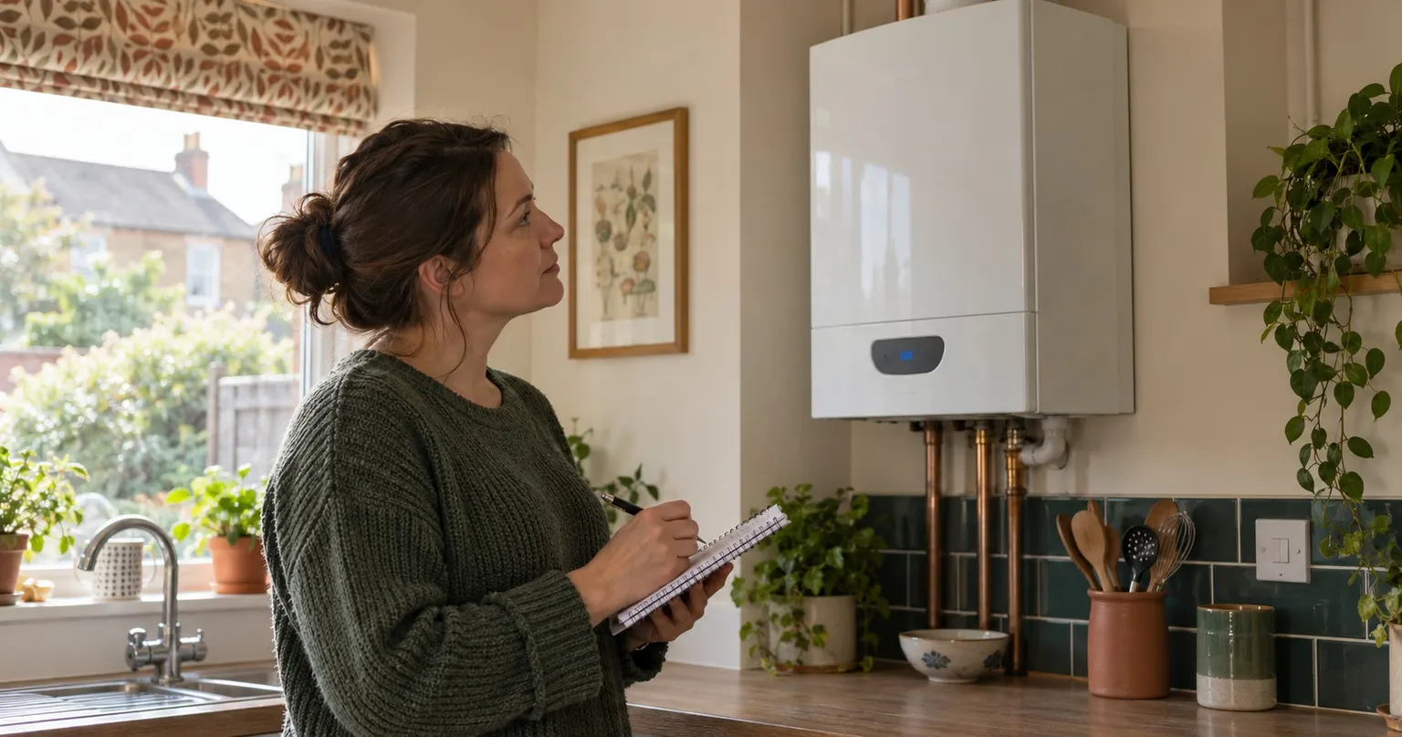 Resident noting visible details from a closed wall-mounted boiler in a notebook.